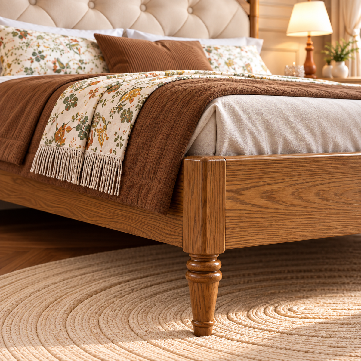 Luxury Wooden Bed with Cream Button-Tufted Upholstered Headboard OUCH CART