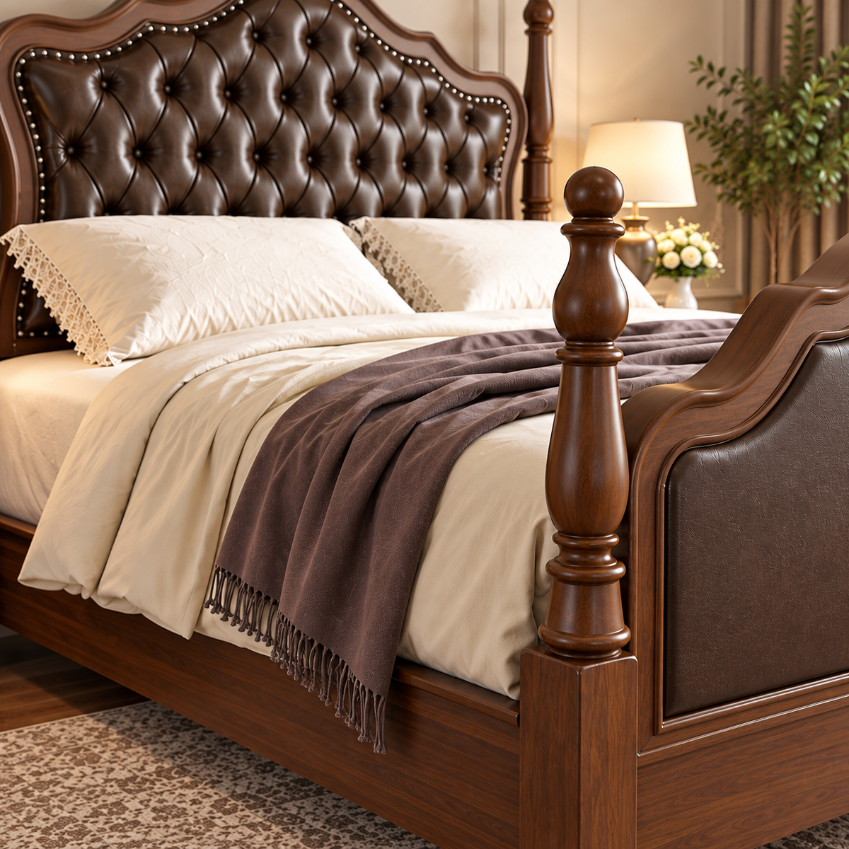 Luxury Wooden Bed with Dark Brown Tufted Upholstered Headboard, Classic King Size Bed Frame with Carved Wooden Posts, Elegant Designer Bed for Bedroom OUCH CART