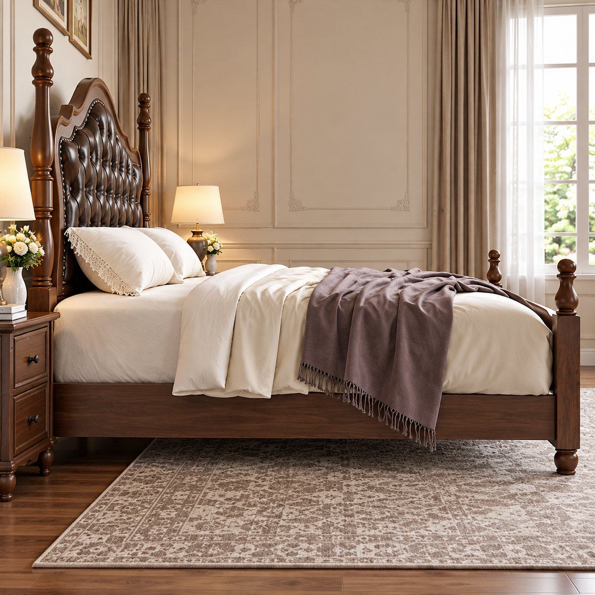 Luxury Wooden Bed with Dark Brown Tufted Upholstered Headboard, Classic King Size Bed Frame with Carved Wooden Posts, Elegant Designer Bed for Bedroom OUCH CART
