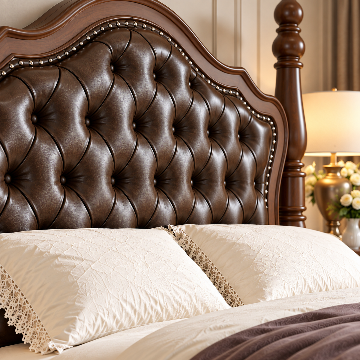 Luxury Wooden Bed with Dark Brown Tufted Upholstered Headboard, Classic King Size Bed Frame with Carved Wooden Posts, Elegant Designer Bed for Bedroom OUCH CART