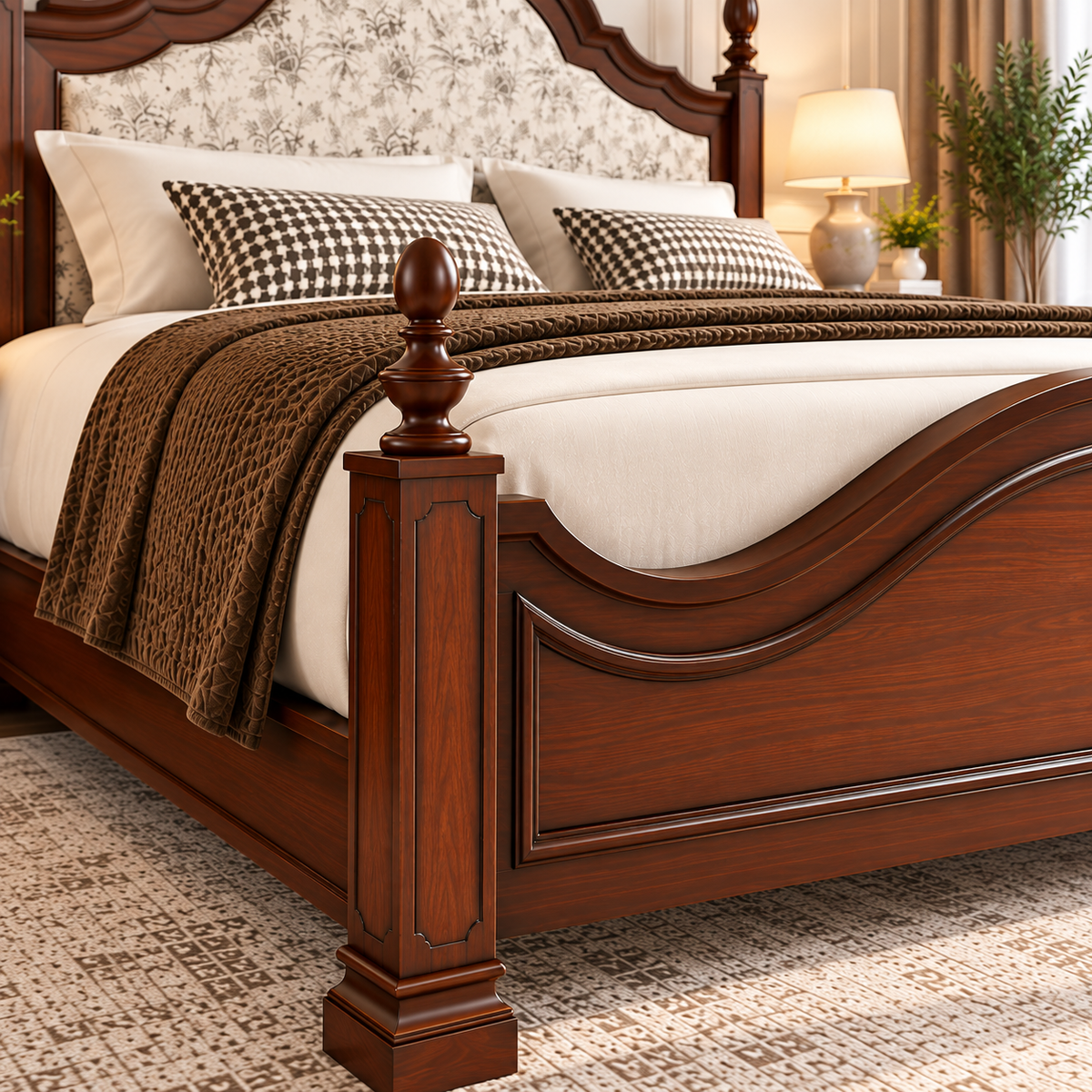 Luxury Wooden Bed with Floral Upholstered Headboard, Dark Brown Solid Wood Frame, Elegant King Size Designer Bed for Bedroom