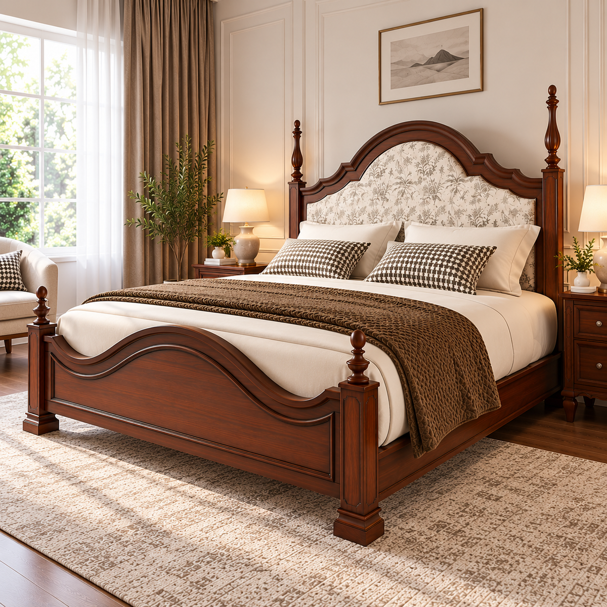Luxury Wooden Bed with Floral Upholstered Headboard, Dark Brown Solid Wood Frame, Elegant King Size Designer Bed for Bedroom