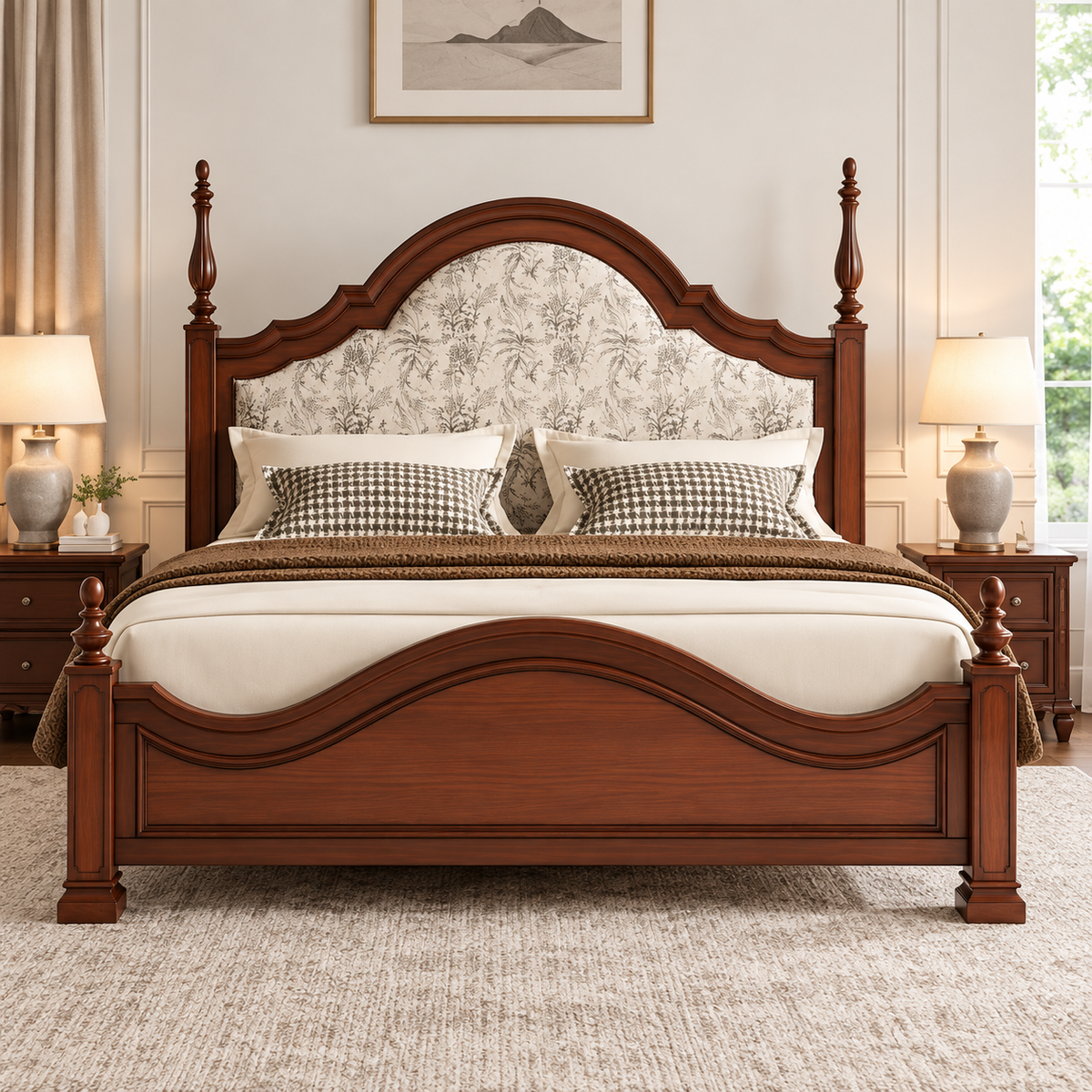 Luxury Wooden Bed with Floral Upholstered Headboard, Dark Brown Solid Wood Frame, Elegant King Size Designer Bed for Bedroom