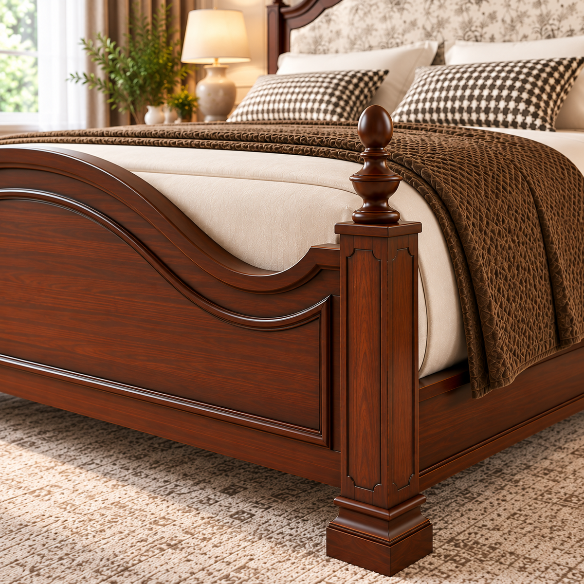 Luxury Wooden Bed with Floral Upholstered Headboard, Dark Brown Solid Wood Frame, Elegant King Size Designer Bed for Bedroom OUCH CART