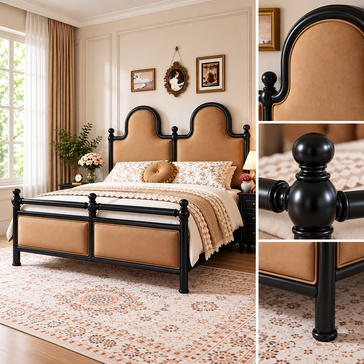Luxury Wooden Bed with Tan Upholstered Headboard, Black Wooden Frame, Classic Designer King Size Bed with Decorative Posts for Bedroom