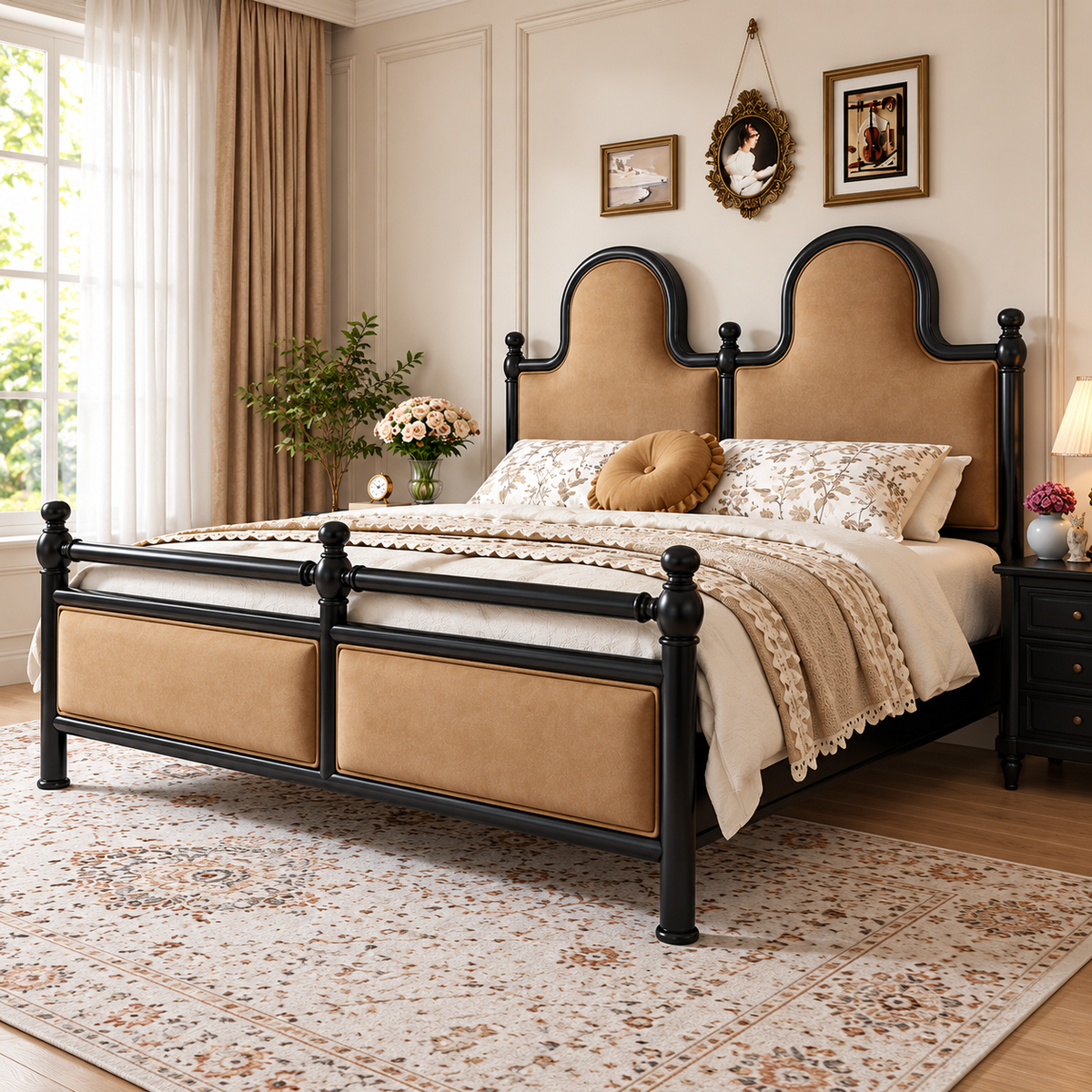 Luxury Wooden Bed with Tan Upholstered Headboard, Black Wooden Frame, Classic Designer King Size Bed with Decorative Posts for Bedroom