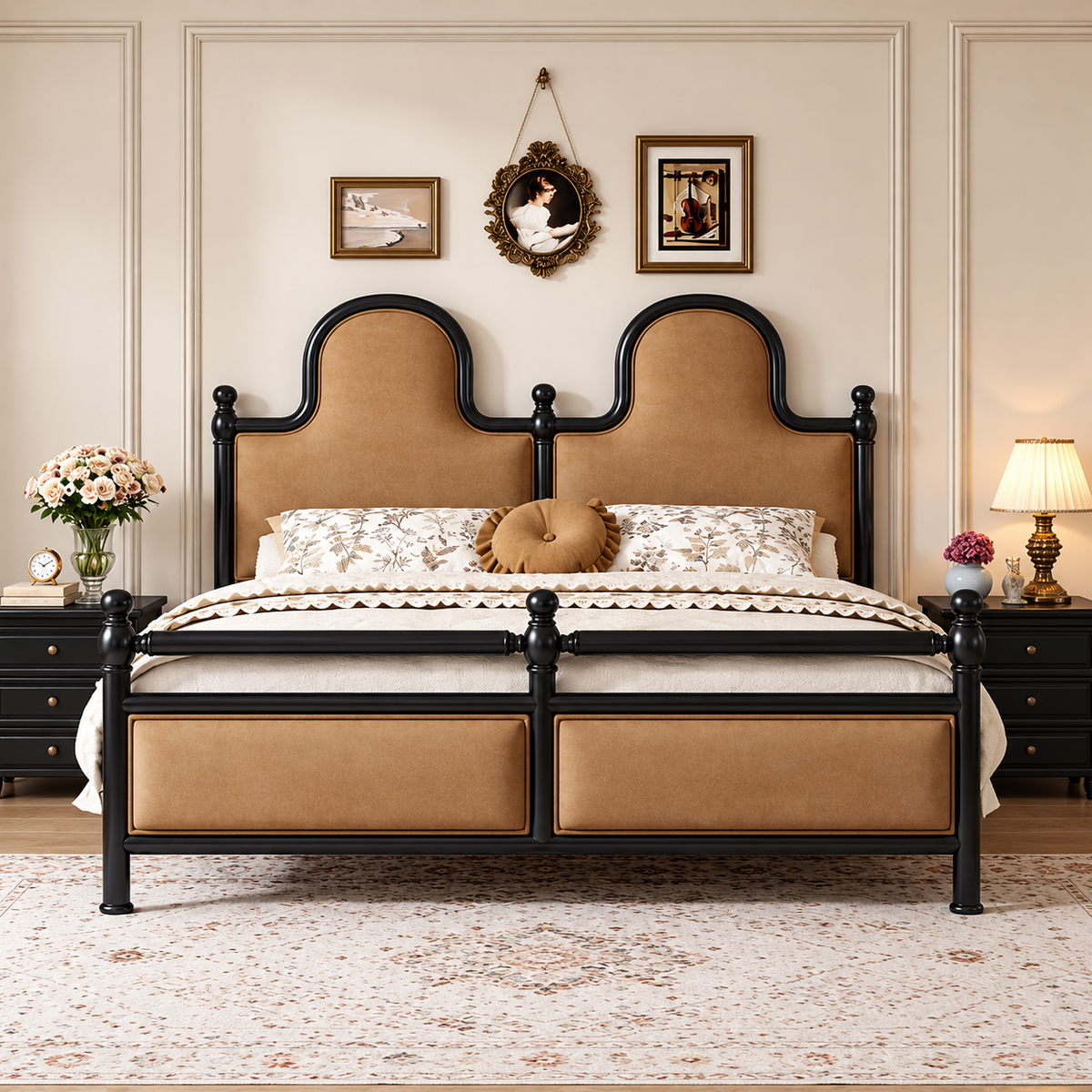 Luxury Wooden Bed with Tan Upholstered Headboard, Black Wooden Frame, Classic Designer King Size Bed with Decorative Posts for Bedroom OUCH CART