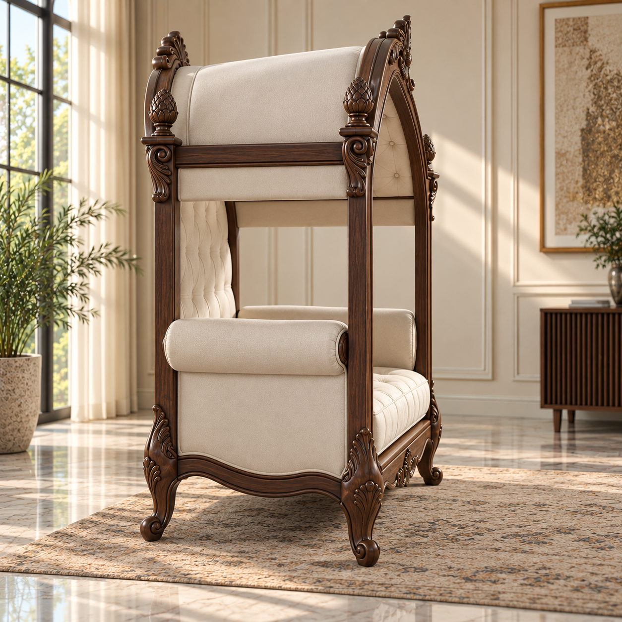 Luxury Wooden Canopy Swing Chair with Cream Upholstery