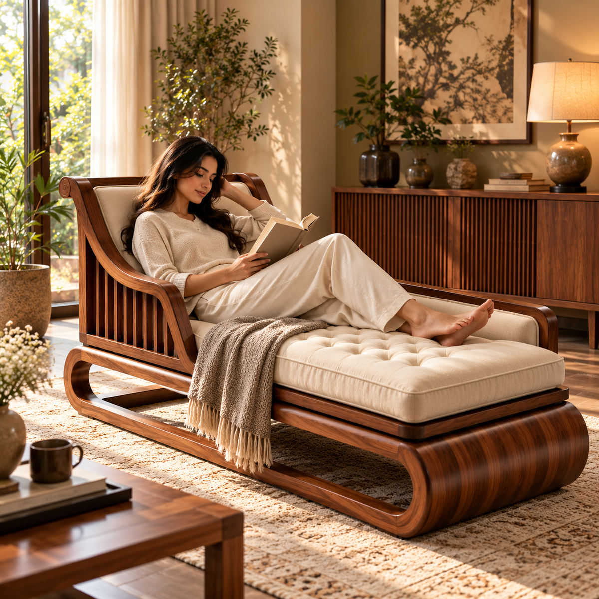 Luxury Wooden Chaise Lounge Chair with Cream Tufted Upholstery, Walnut Finish, Modern Daybed for Living Room