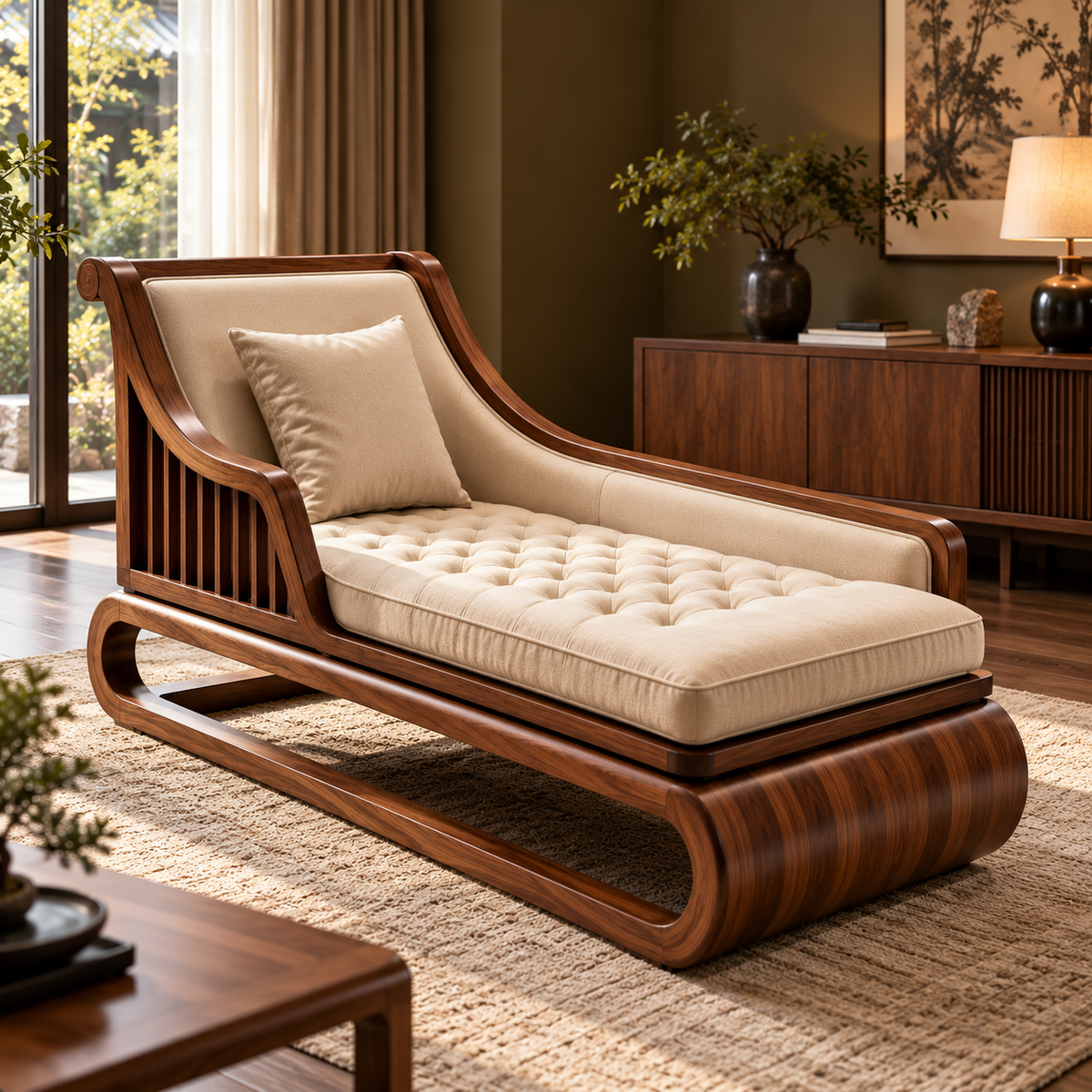 Luxury Wooden Chaise Lounge Chair with Cream Tufted Upholstery, Walnut Finish, Modern Daybed for Living Room