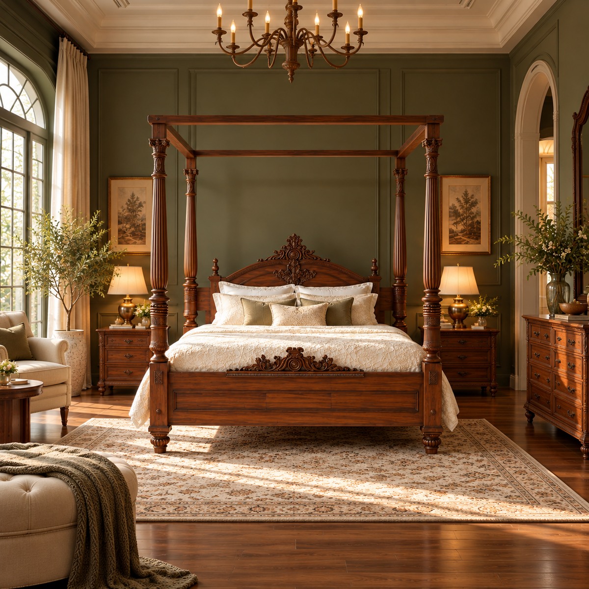 Luxury Wooden Four Poster Canopy Bed with Carved Headboard, Dark Walnut Finish, Traditional King Size Bed Frame for Bedroom