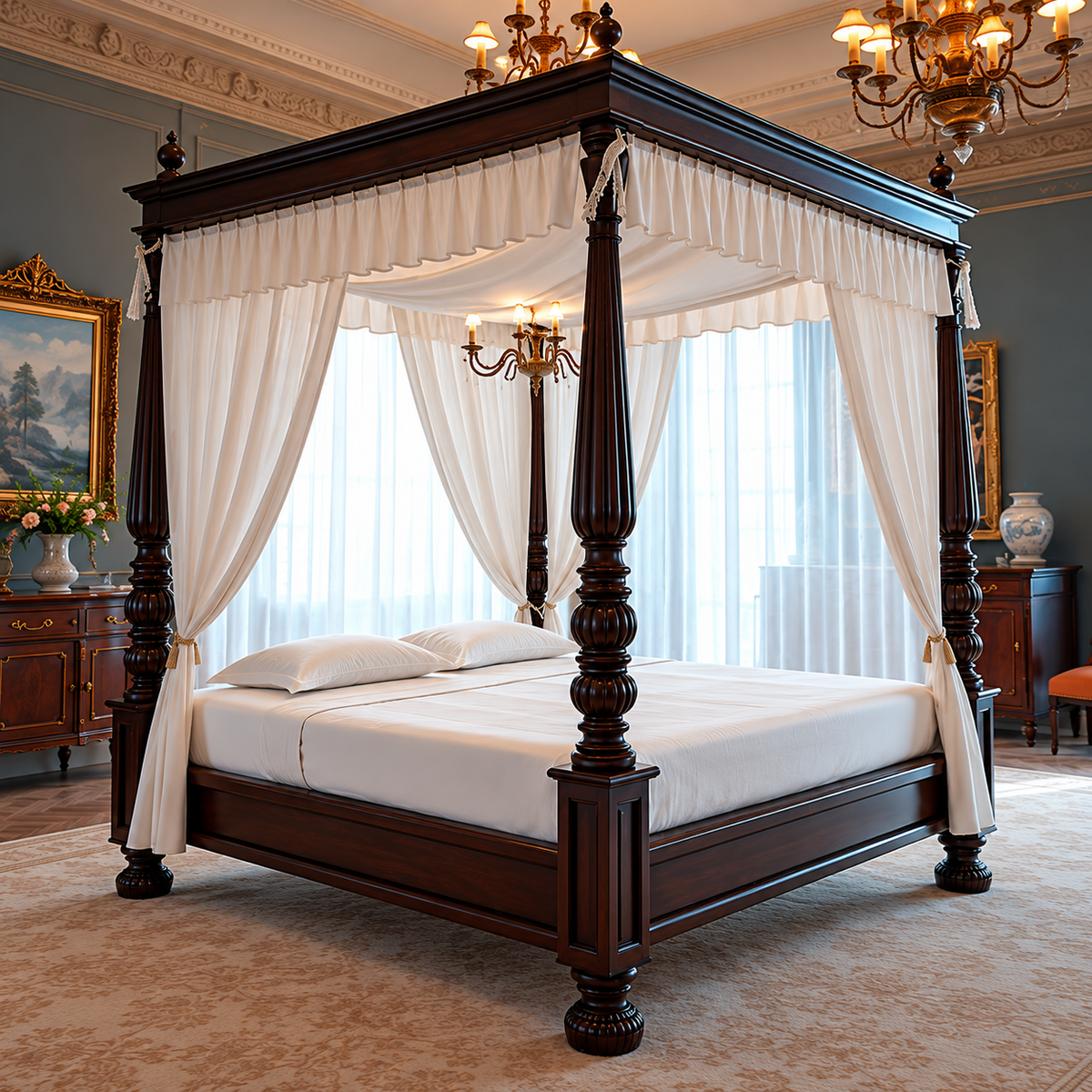 Luxury Wooden Four Poster Canopy Bed with Carved Posts and Elegant Curtain Frame for Bedroom