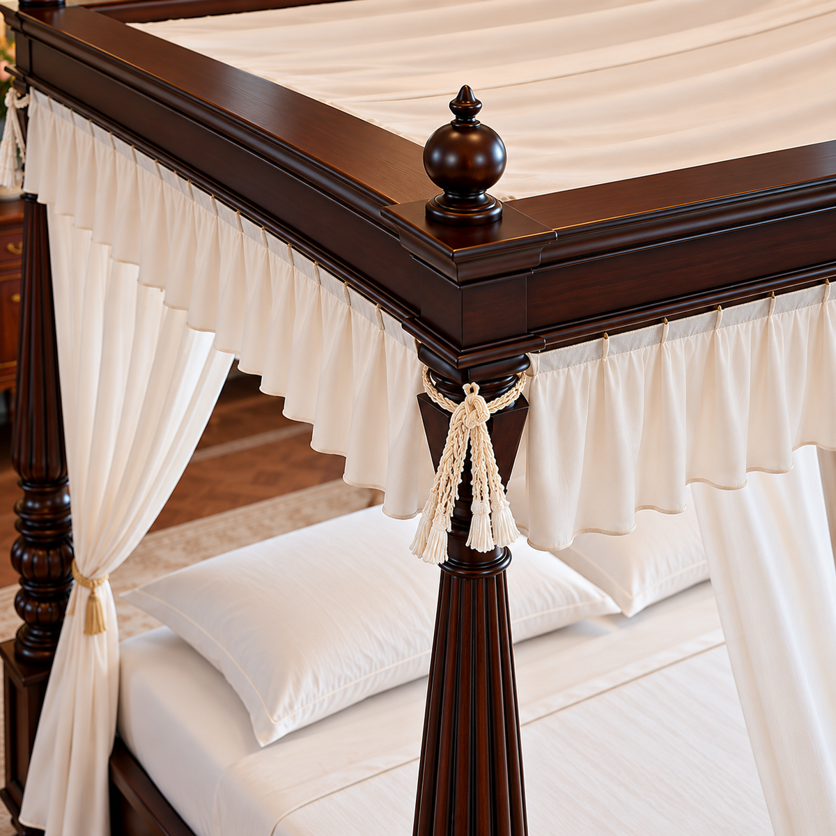 Luxury Wooden Four Poster Canopy Bed with Carved Posts and Elegant Curtain Frame for Bedroom