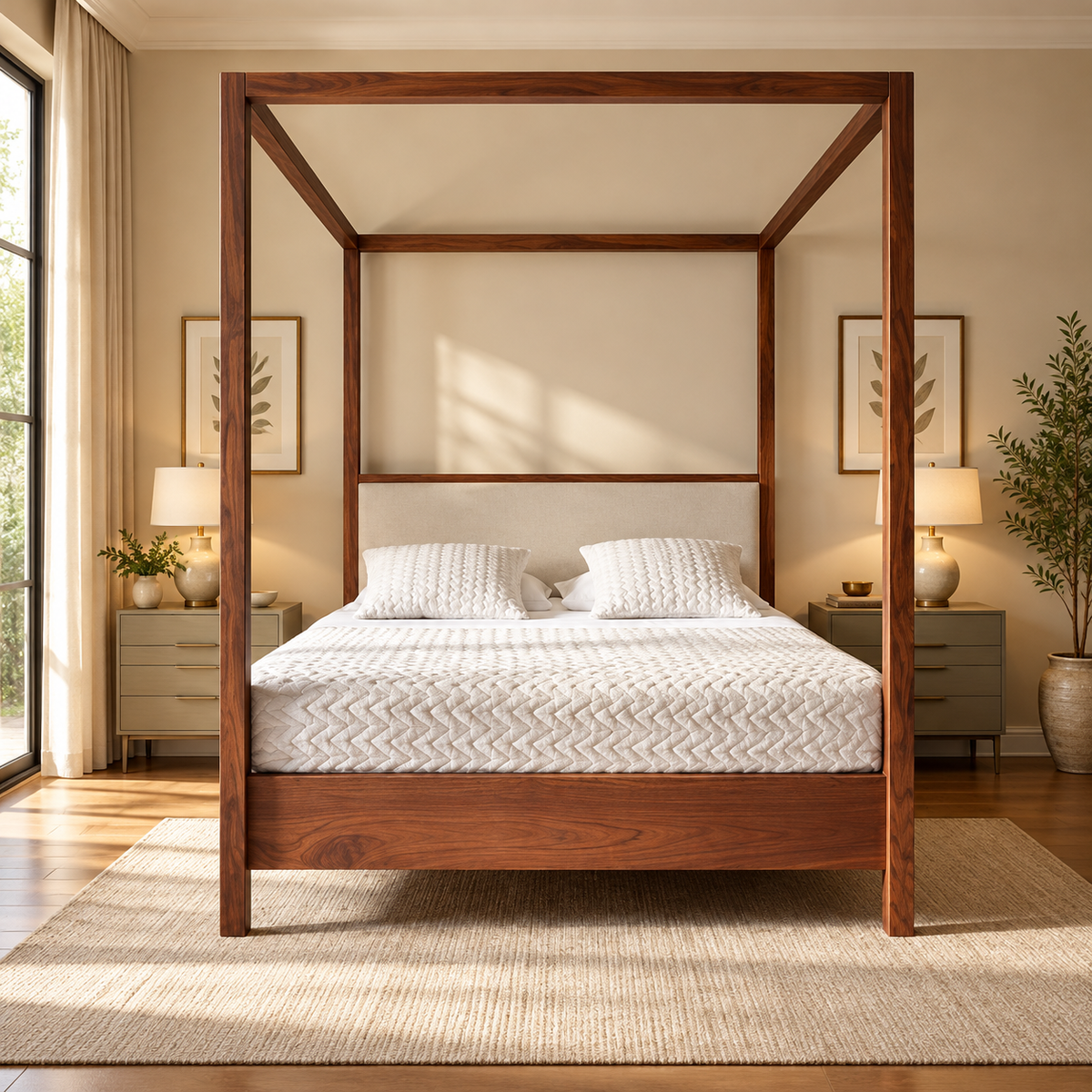 Luxury Wooden Four Poster Canopy Bed with Upholstered Headboard, Walnut Finish, Modern King Size Bed for Bedroom
