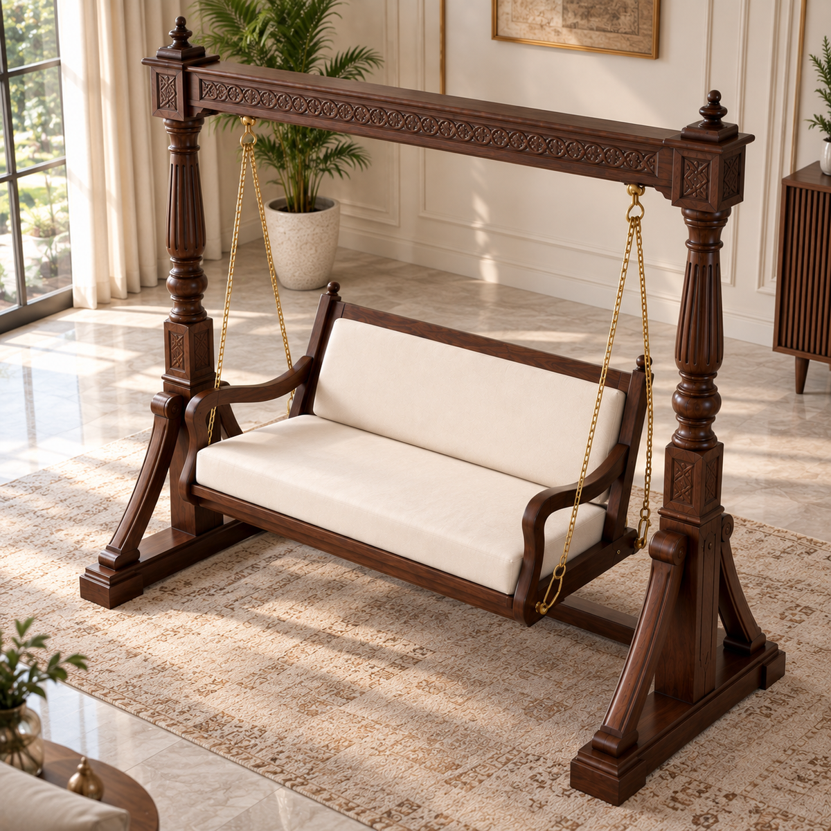 Luxury Wooden Swing Chair with Stand | Walnut Finish 2 Seater Jhula with Cream Cushions OUCH CART