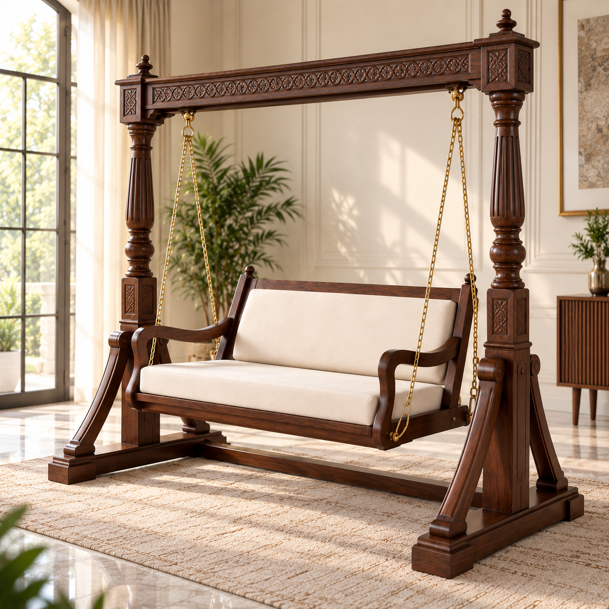 Luxury Wooden Swing Chair with Stand | Walnut Finish 2 Seater Jhula with Cream Cushions