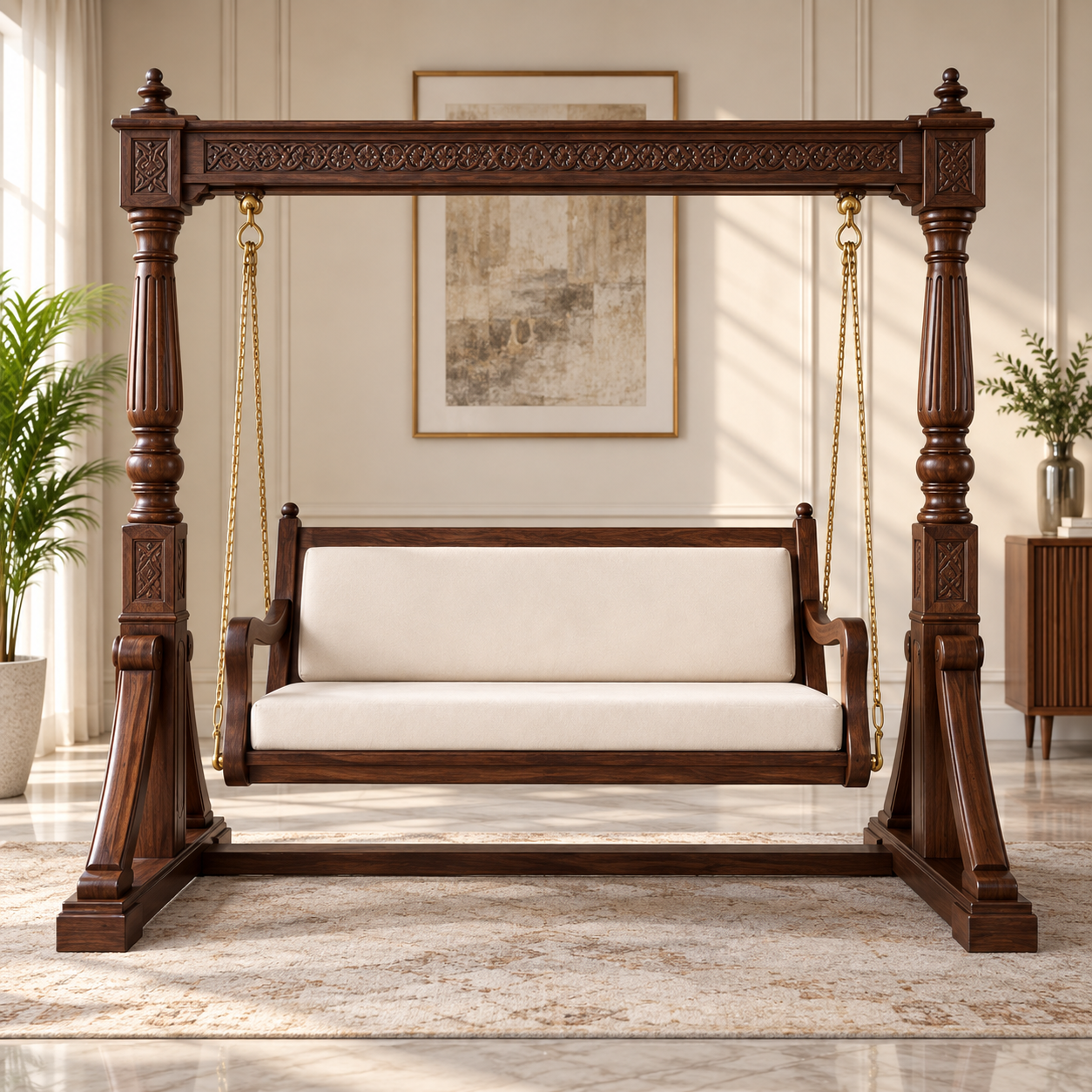 Luxury Wooden Swing Chair with Stand | Walnut Finish 2 Seater Jhula with Cream Cushions