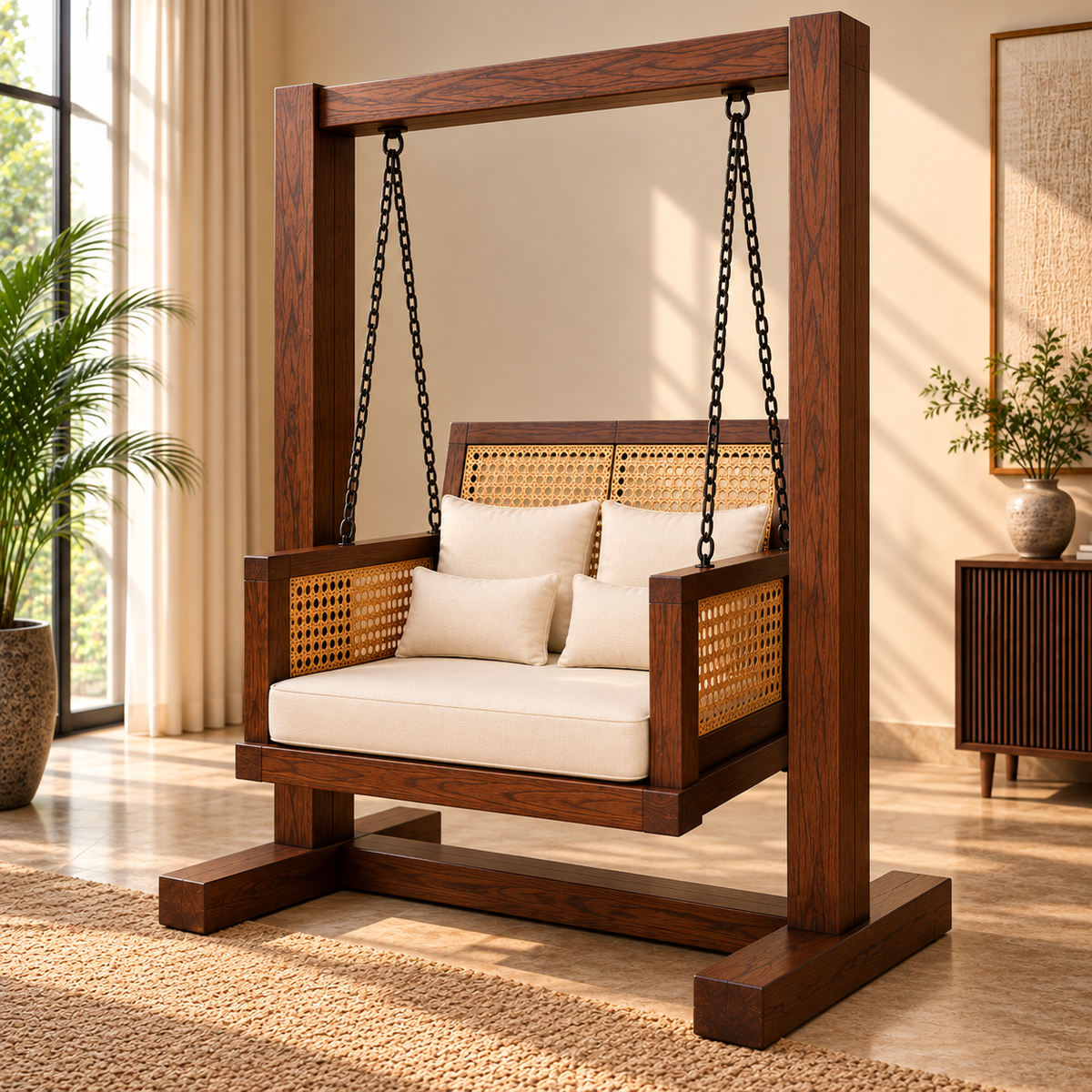 Luxury Wooden Swing Chair with Stand, Cane Rattan Panels & Cream Cushions