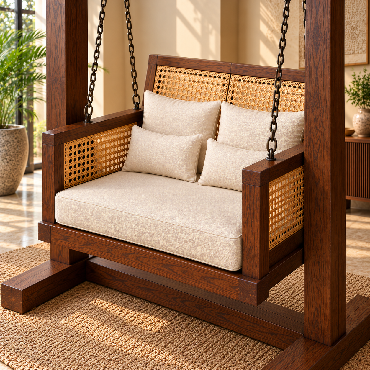 Luxury Wooden Swing Chair with Stand, Cane Rattan Panels & Cream Cushions