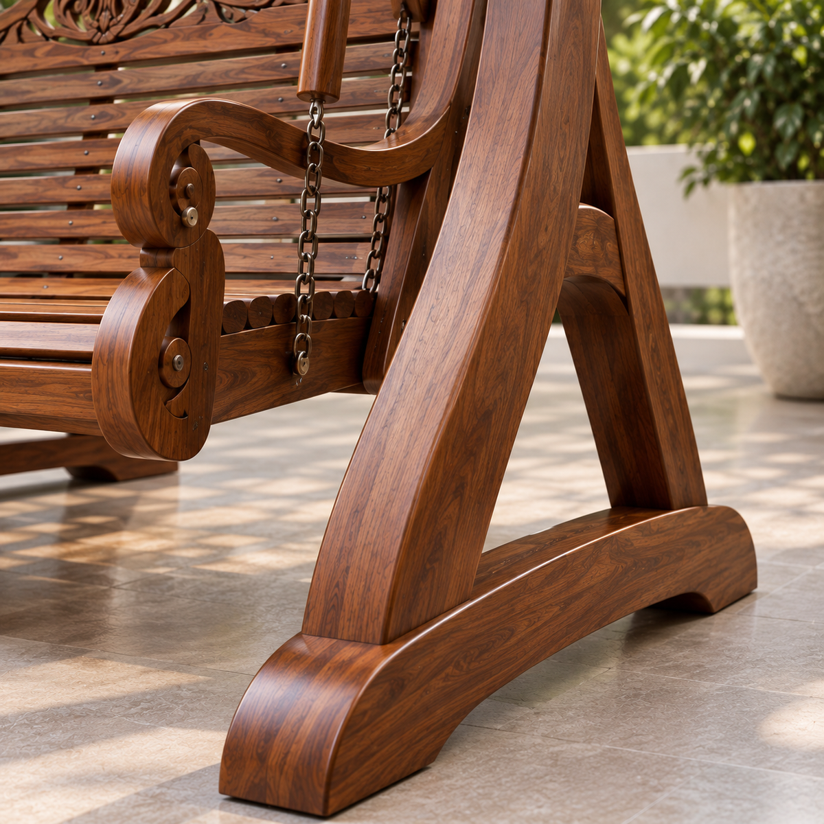 Luxury Wooden Swing with Stand for Outdoor & Living Room | 3 Seater Solid Wood Jhula with Carved Design, Heavy-Duty Chains & Sturdy Frame
