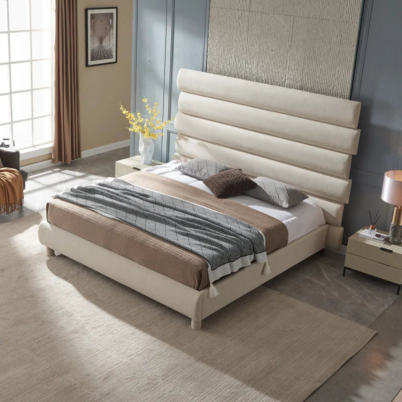 Luxury 60-Inch Asymmetrical High-Back Linen Upholstered Platform Bed - Memory Foam Compatible, No Box Spring Needed | Elevate Your Bedroom with Contemporary Style & Restful Comfort OUCH CART