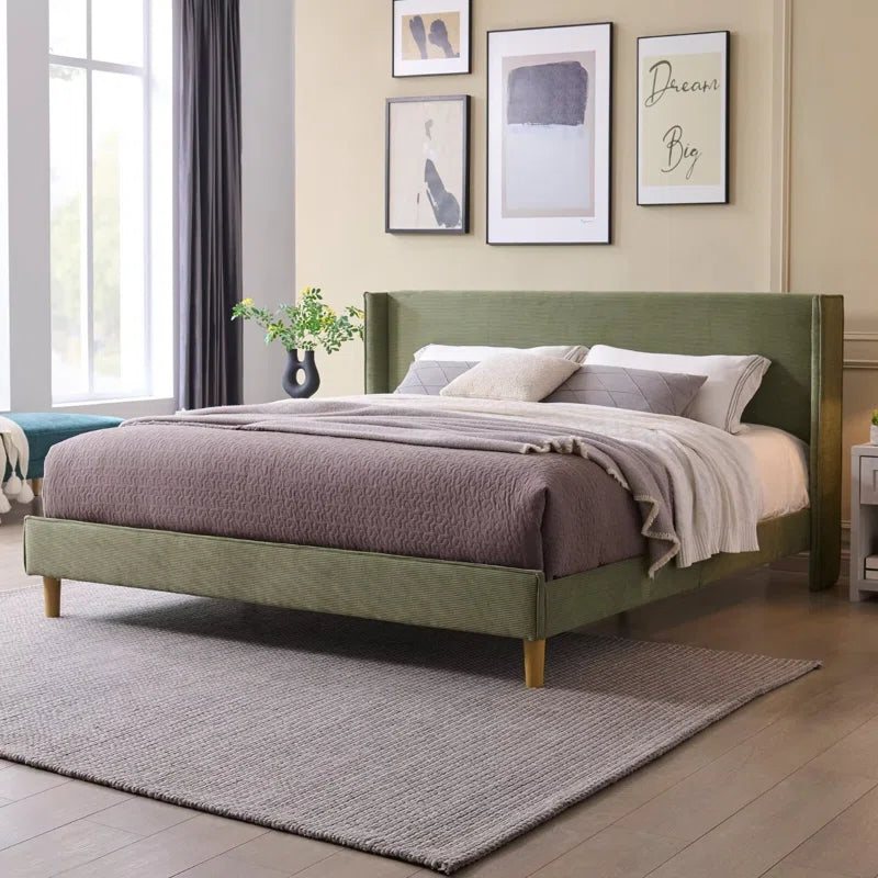 Luxury Corduroy Upholstered Bed - Modern Wingback Design,No Box Spring Needed, Noise-Free OUCH CART