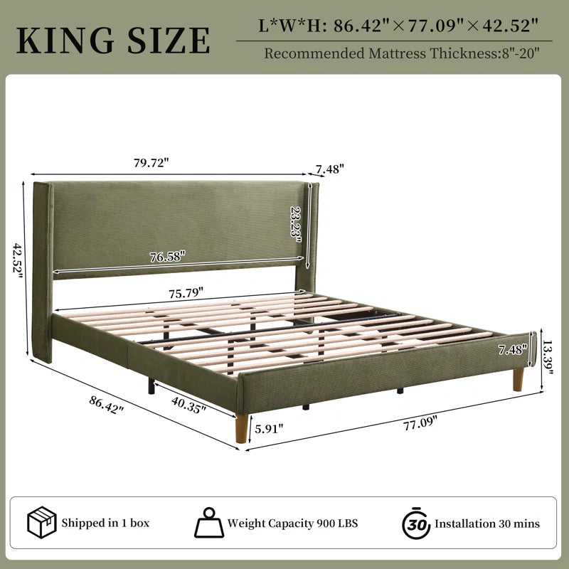 Luxury Corduroy Upholstered Bed - Modern Wingback Design,No Box Spring Needed, Noise-Free OUCH CART