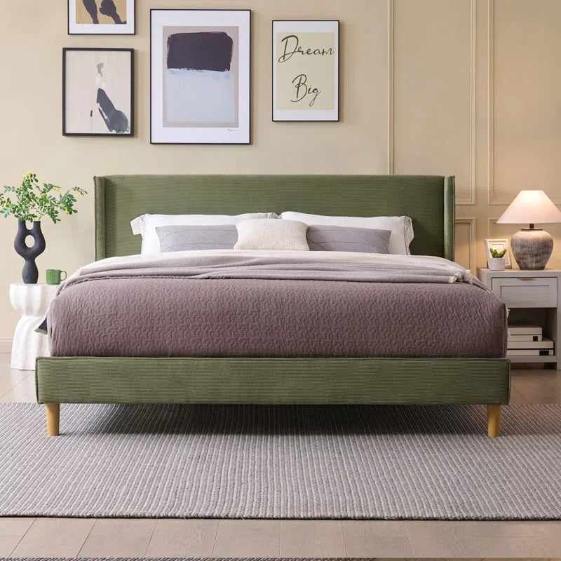Luxury Corduroy Upholstered Bed - Modern Wingback Design,No Box Spring Needed, Noise-Free OUCH CART