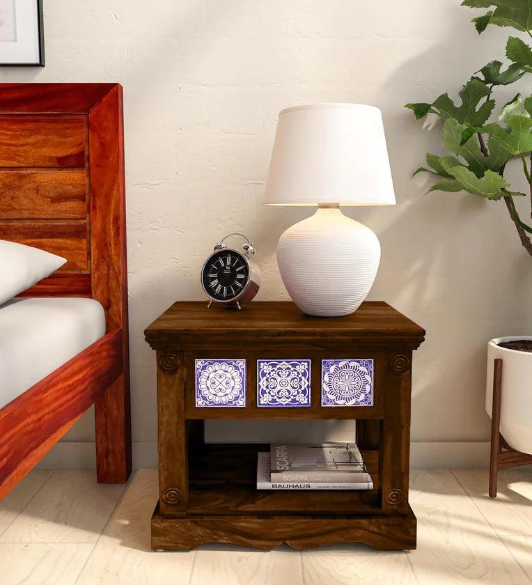 Sheesham Wood Bedside Table In Scratch Resistant Provincial Teak Finish - Ouch Cart