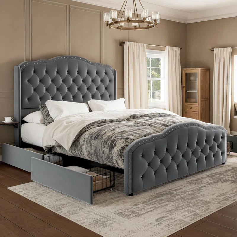 Maber Upholstered Queen Bed with 4 Drawers, Storage Platform Bed with 2 Bedside Tables , Velvet Wingback Bed, No Boxing Spring Needed, Gray - Ouchcart