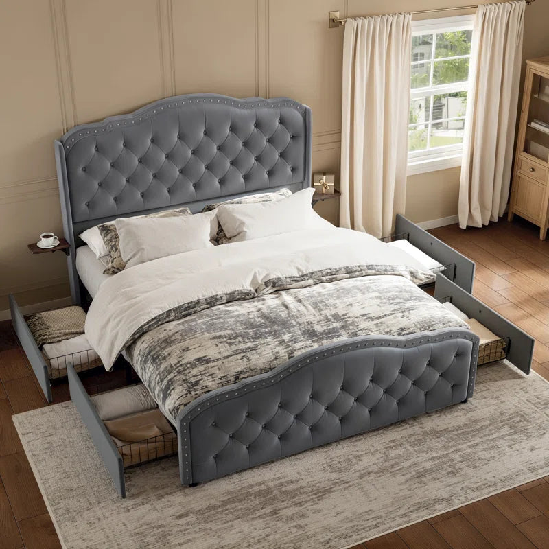 Maber Upholstered Queen Bed with 4 Drawers, Storage Platform Bed with 2 Bedside Tables , Velvet Wingback Bed, No Boxing Spring Needed, Gray OUCH CART