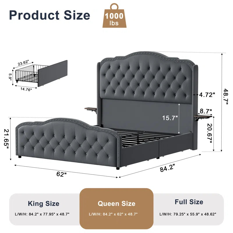 Maber Upholstered Queen Bed with 4 Drawers, Storage Platform Bed with 2 Bedside Tables , Velvet Wingback Bed, No Boxing Spring Needed, Gray