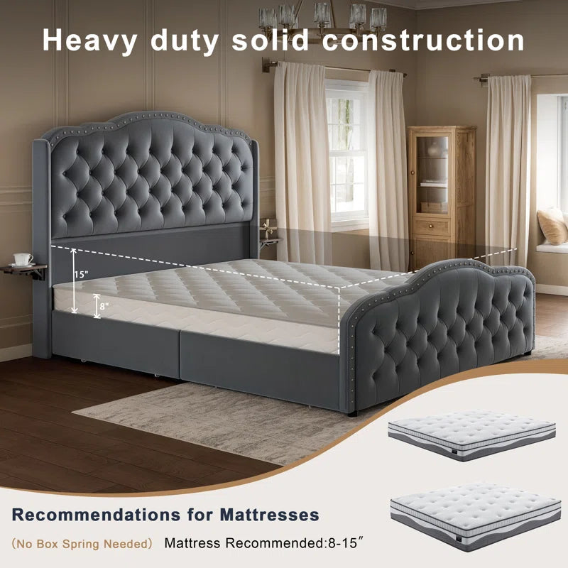 Maber Upholstered Queen Bed with 4 Drawers, Storage Platform Bed with 2 Bedside Tables , Velvet Wingback Bed, No Boxing Spring Needed, Gray OUCH CART