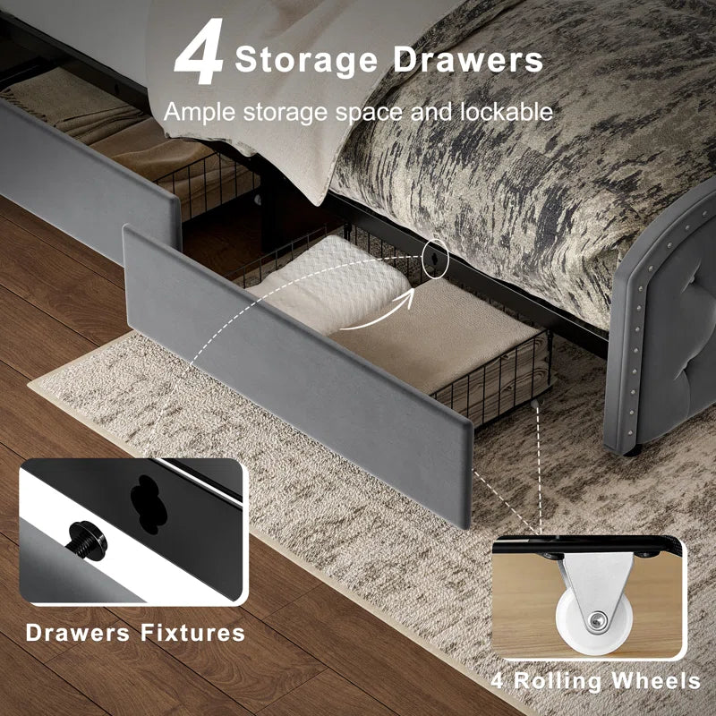 Maber Upholstered Queen Bed with 4 Drawers, Storage Platform Bed with 2 Bedside Tables , Velvet Wingback Bed, No Boxing Spring Needed, Gray OUCH CART