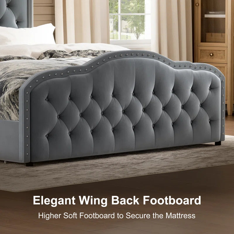 Maber Upholstered Queen Bed with 4 Drawers, Storage Platform Bed with 2 Bedside Tables , Velvet Wingback Bed, No Boxing Spring Needed, Gray OUCH CART