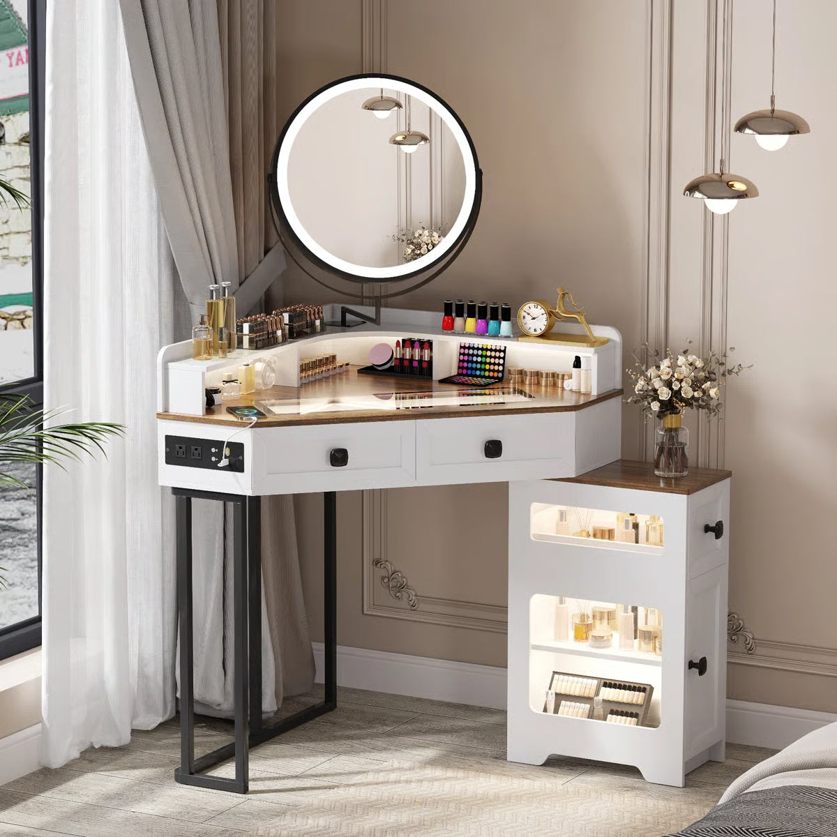 Machalik Corner Vanity Table with Mirror for Makeup and Organization