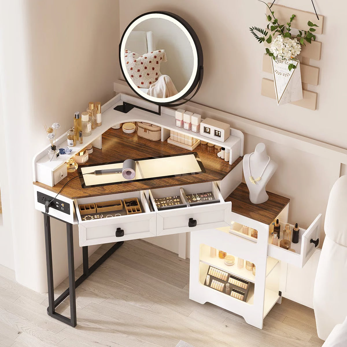 Machalik Corner Vanity Table with Mirror for Makeup and Organization