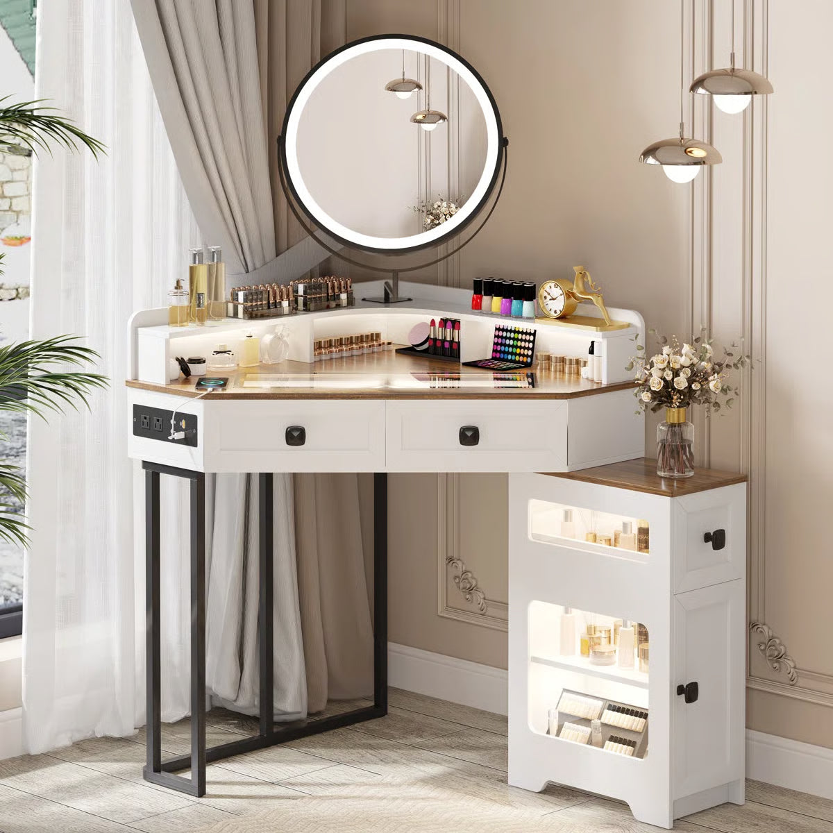 Machalik Corner Vanity Table with Mirror for Makeup and Organization