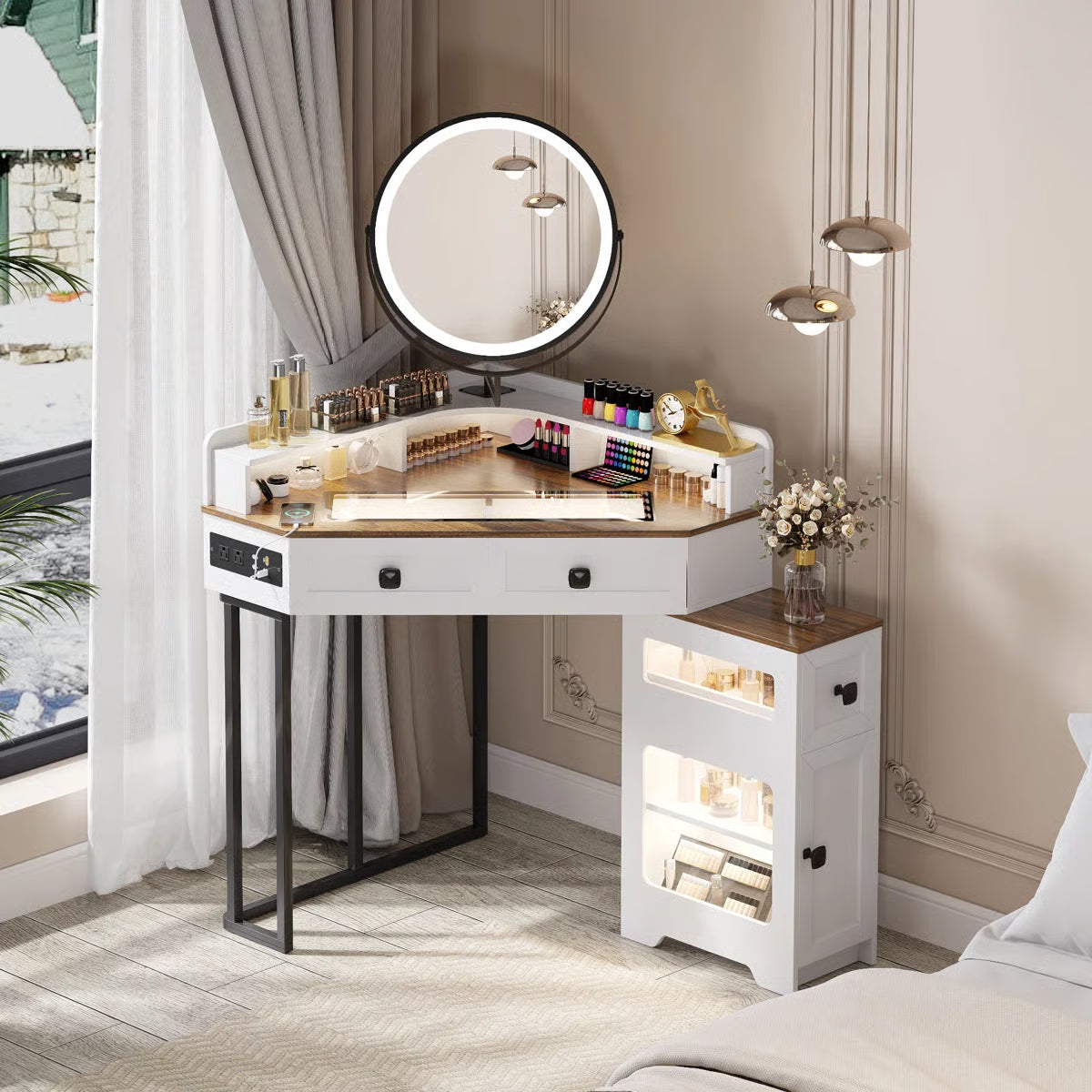 Machalik Corner Vanity Table with Mirror for Makeup and Organization