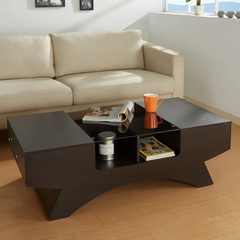 Ultramodern Curved Base Coffee Table with Glass Top and Storage