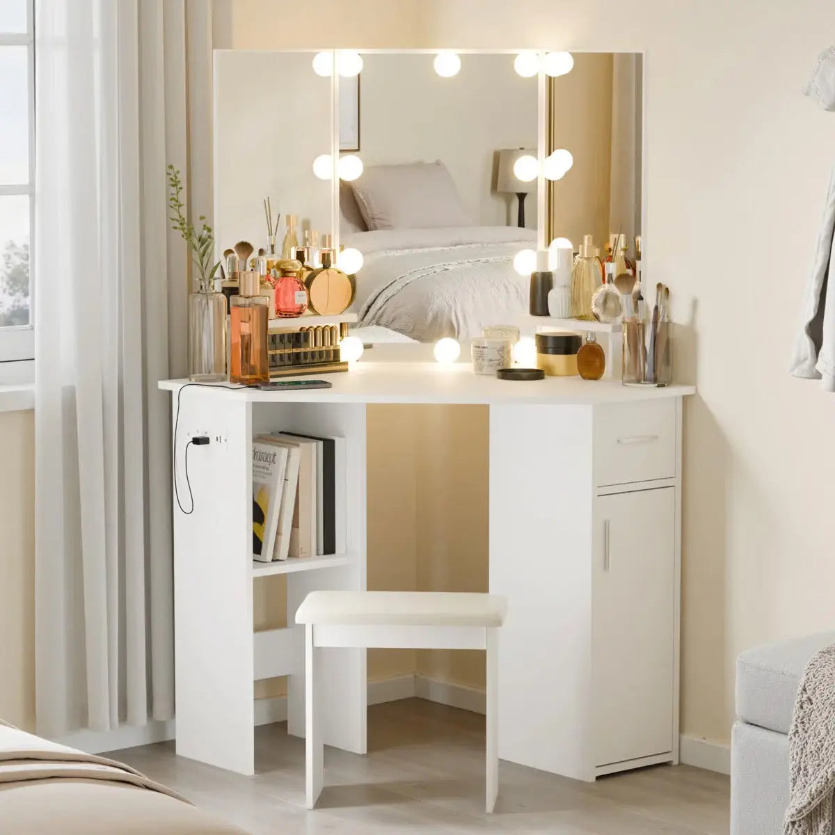 Modern Makarama Corner Makeup Desk – Vanity with LED Mirror & Charging Station-OUCH CART |Dressing table