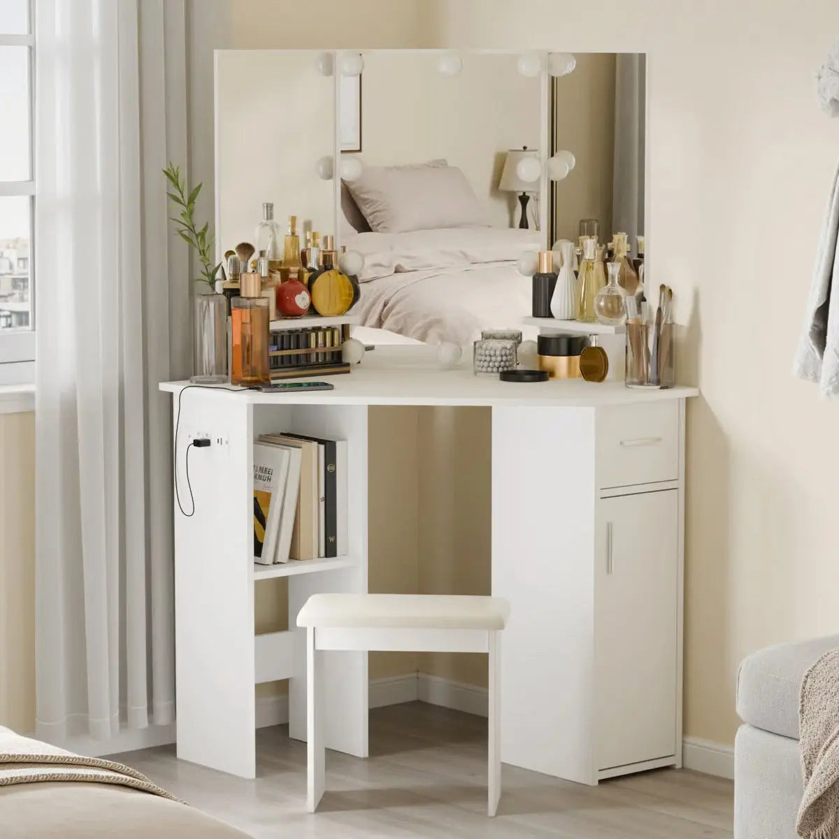 Modern Makarama Corner Makeup Desk – Vanity with LED Mirror & Charging Station-OUCH CART |Dressing table