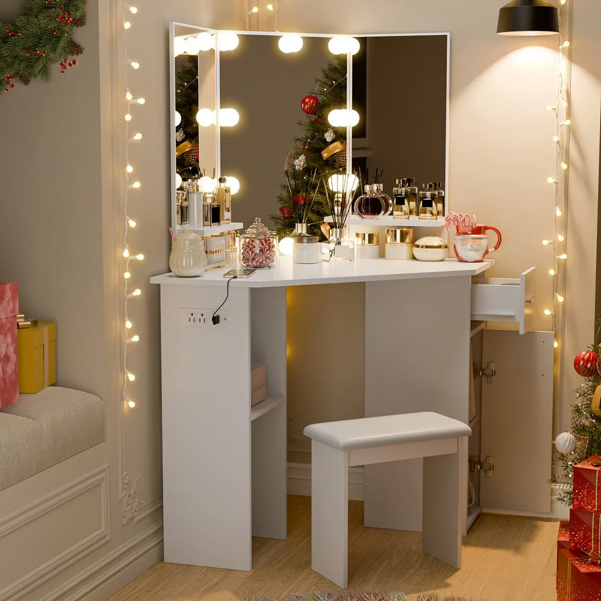 Modern Makarama Corner Makeup Desk – Vanity & Charging Station