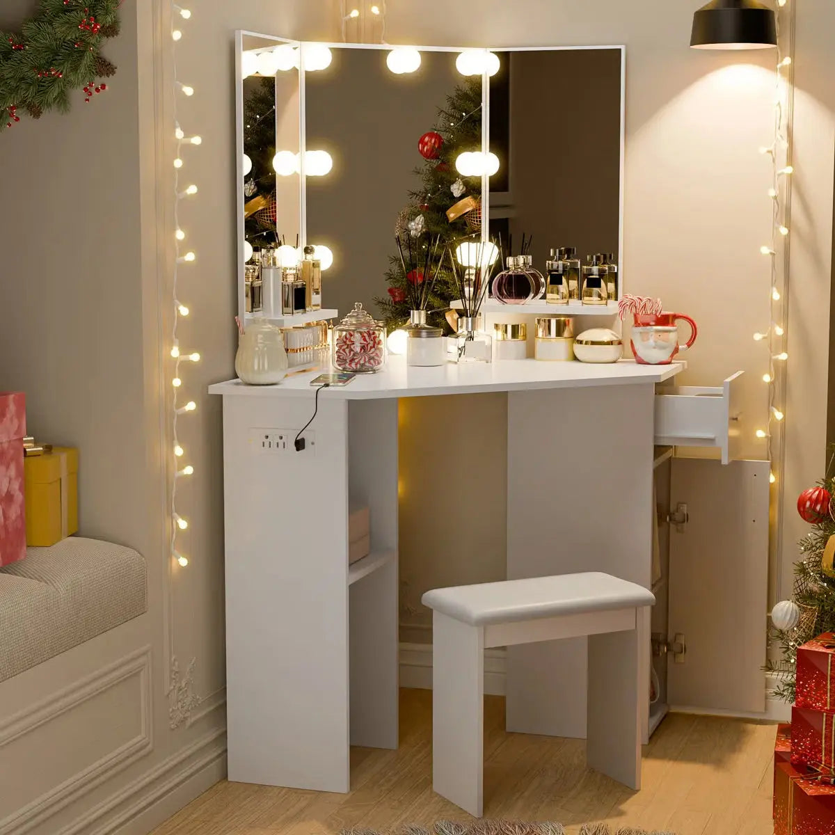 Modern Makarama Corner Makeup Desk – Vanity & Charging Station