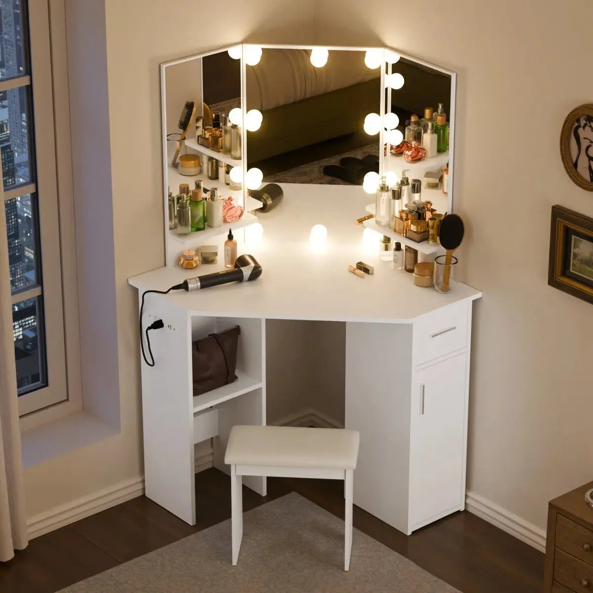 Modern Makarama Corner Makeup Desk – Vanity & Charging Station