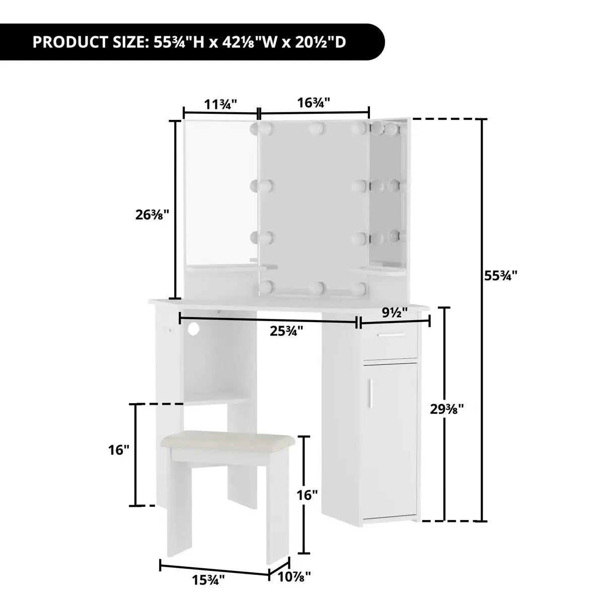 Modern Makarama Corner Makeup Desk – Vanity with LED Mirror & Charging Station-OUCH CART |Dressing table
