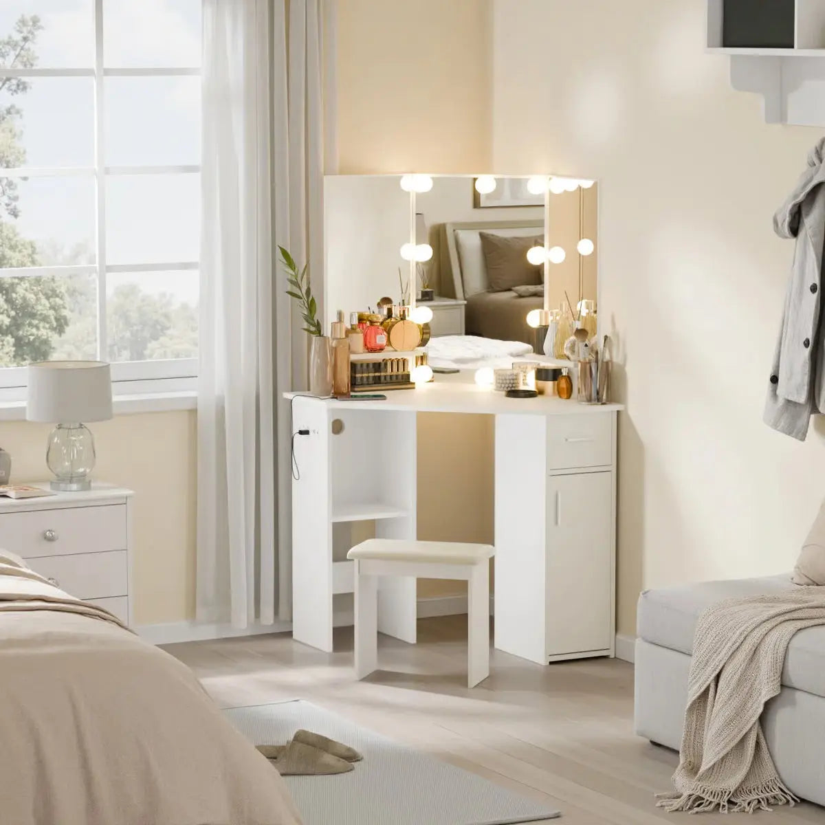 Modern Makarama Corner Makeup Desk – Vanity & Charging Station