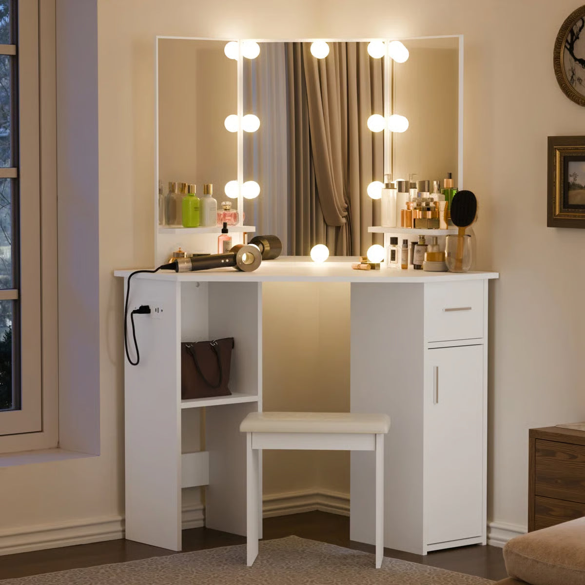Modern Makarama Corner Makeup Desk – Vanity with LED Mirror & Charging Station-OUCH CART |Dressing table