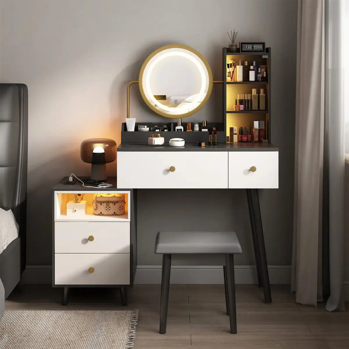 Vanity Makeup Desk Set with Touch Screen Dimming Mirror – Modern Design-OUCH CART |Dressing table