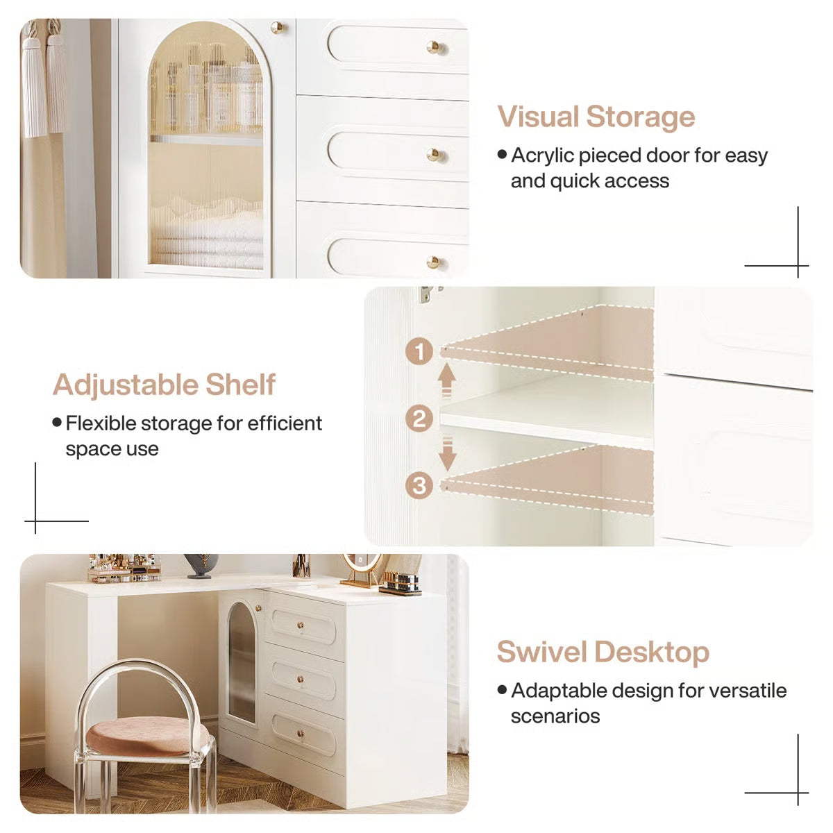 White Makeup Vanity Desk – Modern Dressing Table with Reversible Storage Drawers (Without Mirror)